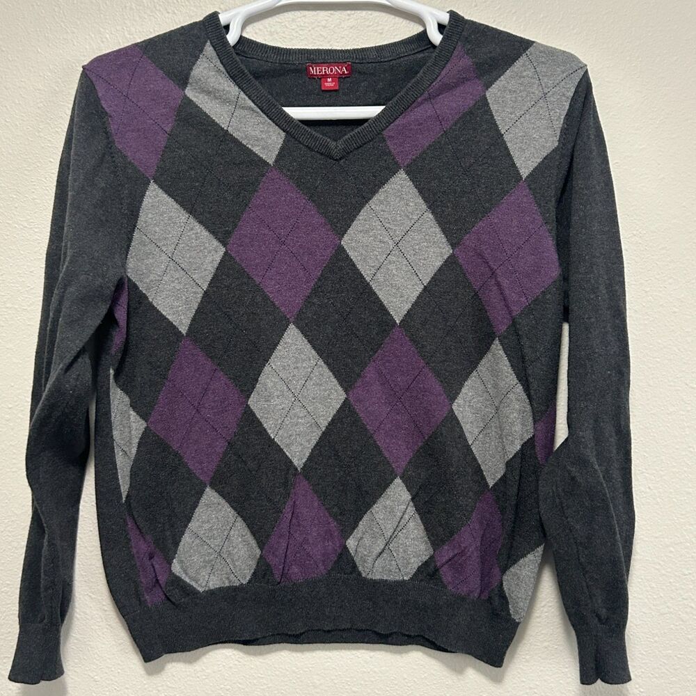 Merona Mens M V-Neck Sweater Gray Argyle Preppy Pullover VN1491883